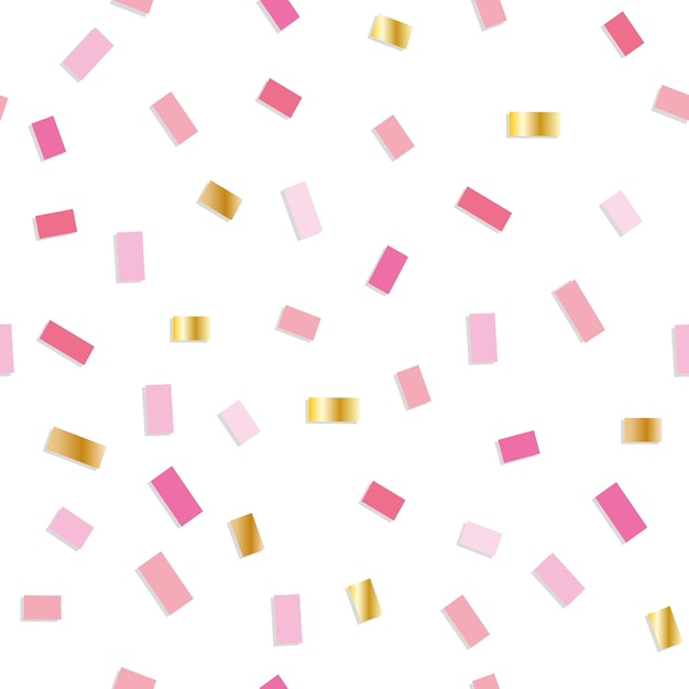 Confetti seamless pattern with pink and gold little pieces.