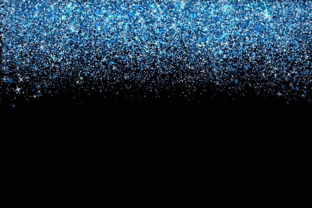 Coriandoli nei toni del bordo blu classico isolato su nero punti scintillanti che cadono sfondo vettoriale di polvere lucida il colore dell'anno 2020 sfumature di effetto texture glitter blu modello facile da modificare