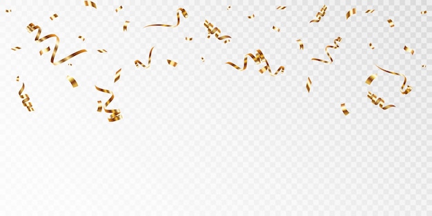 Confetti on a transparent background. Falling shiny golden confetti. Bright golden festive tinsel.