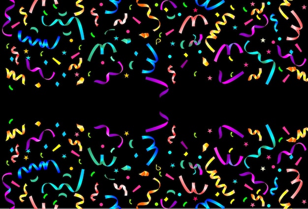 Confetti vector banner background with colorful snake ribbons. greeting card with confetti on black