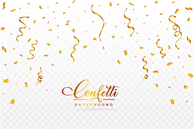 Confetti-vector voor de carnaval-achtergrond. Gouden feestlint en confetti vallen. Gouden confetti geïsoleerd op transparante achtergrond. Festival elementen. Verjaardagsfeestje vieren.