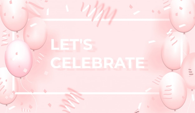 Confetti with pink balloons and frame on pink background