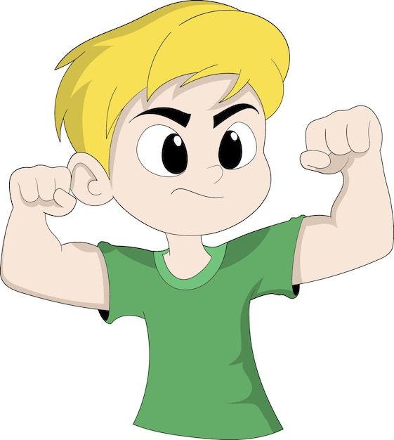 Confident Boy Flexing Bicep Muscles with Determined Expression in Fun Cartoon Style