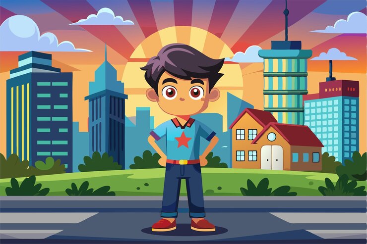 Vector a confident boy stands proudly in front of a vibrant city skyline during a beautiful sunset customizable cartoon illustration available
