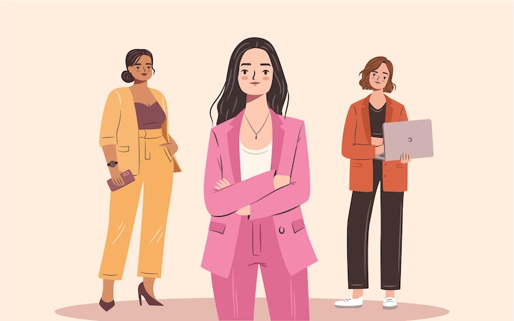 Vector 自信を持ってビジネスウーマンがスタイリッシュなスーツを着た若いエンパワーメントの女性を設定