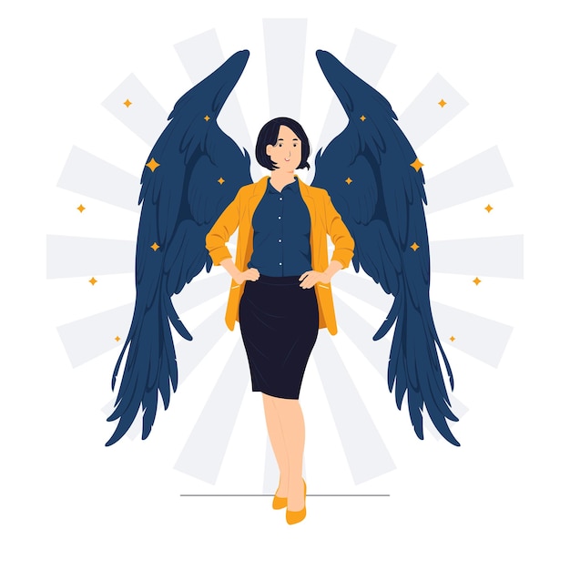 Confident business woman standing with angel wings and high self esteem with proud smile concept illustration