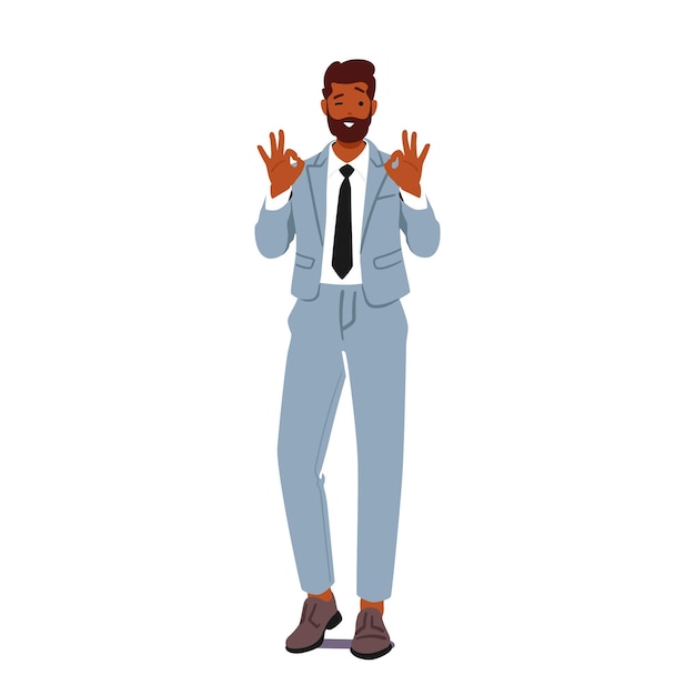 Vector confident businessman character wears smart suit giving an affirmative ok gesture with a reassuring smile symbolizing approval success and professionalism in business dealings vector illustration