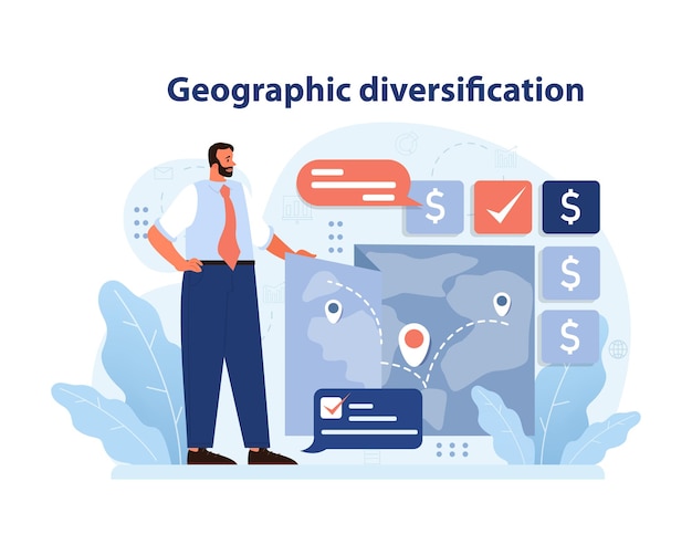 Vector confident businessman presents geographic diversification strategy on map interface enhancing global