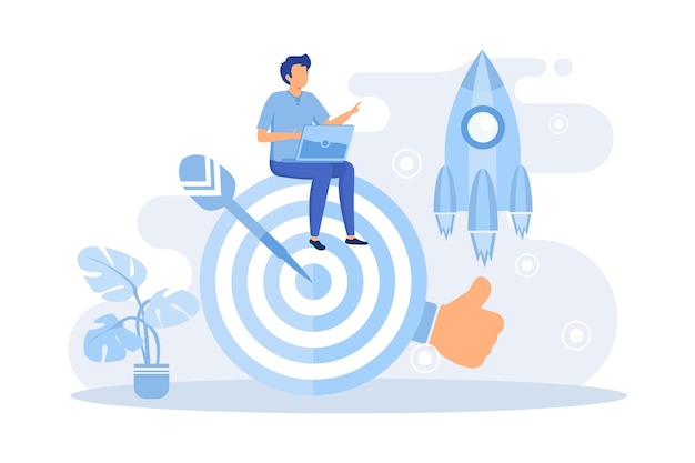 confident businessman sitting on an archery target holding a laptop with business process icons
