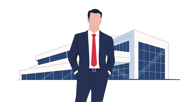 Confident businessman in suit standing in front of office building Corporate vector illustration