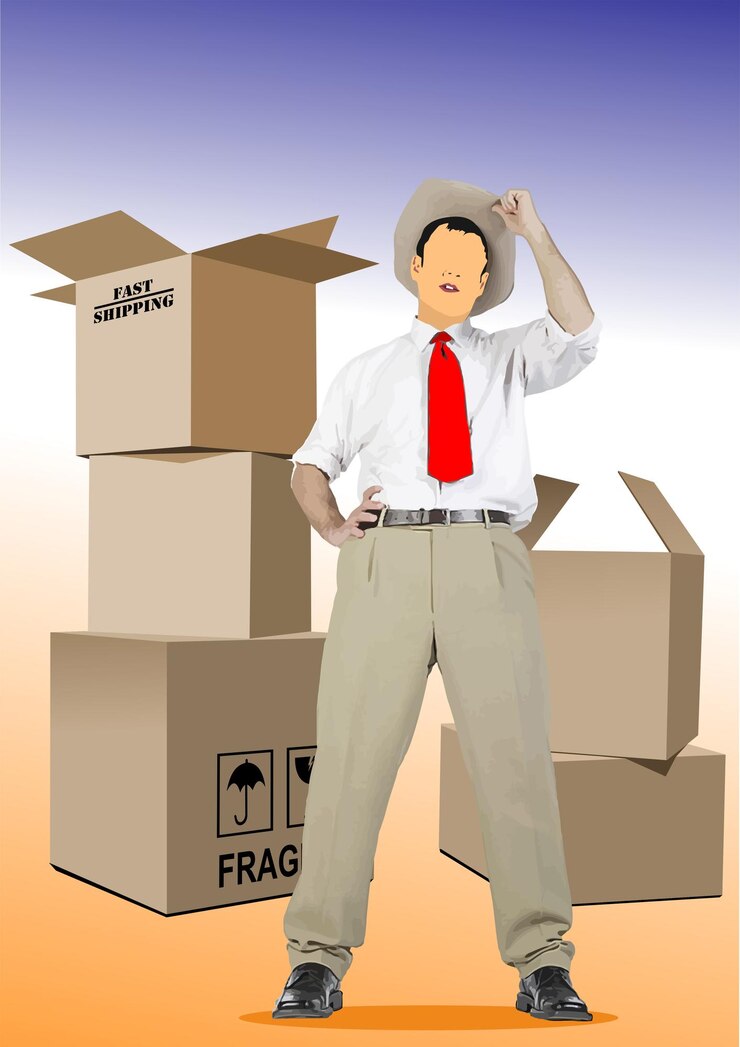 Vector confident businessman wearing cowboy hat standing near stack of boxes with fast shipping inscription