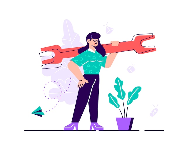 Confident businesswoman is holding a huge wrench. technical support concept.  flat style modern design  illustration for web page, cards, poster, social media.