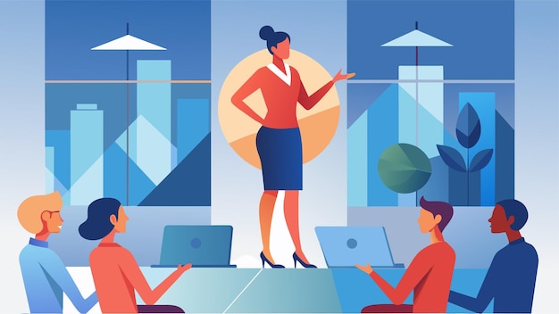 자신감 있는 사업가 여성이 현대적인 사무실에서 팀 회의를 이끌고 있습니다.