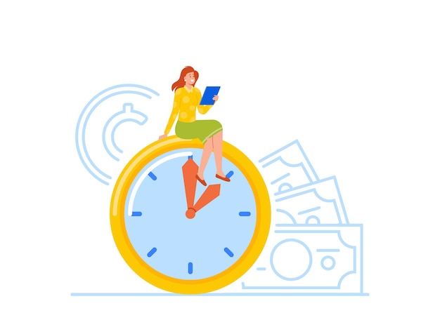 Vector confident businesswoman sitting on huge clock with tablet pc in hands deadline time management in working process