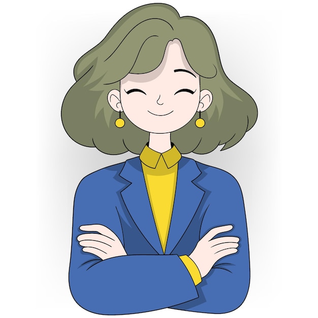 푸른 블레이저와 노란 셔츠를 입은 초록색 머리카락을 가진 자신감 있는 사업가