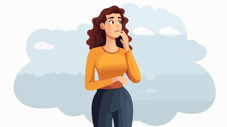Вектор уверенная в себе женщина из мультфильмов с руками на бедрах и мысленным пузырьком