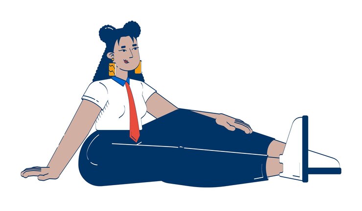 Vector confident curvy latina employee sitting casually on floor 2d doodle character