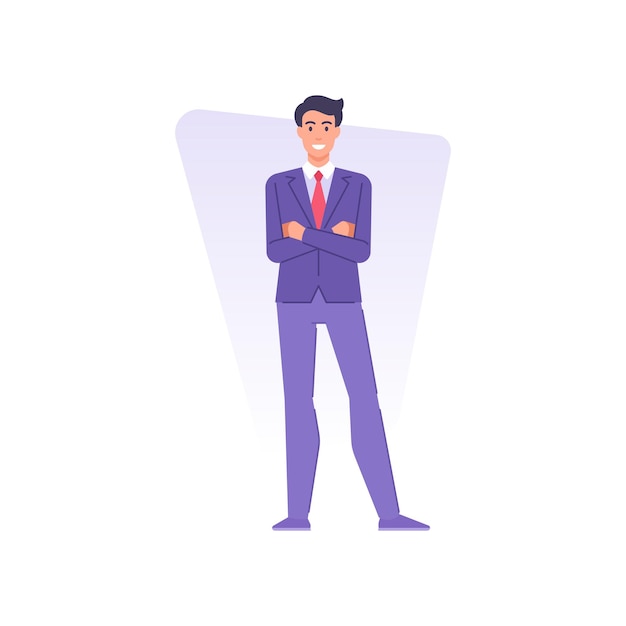 Confident fashionable young businessman standing with crossed hands vector flat illustration