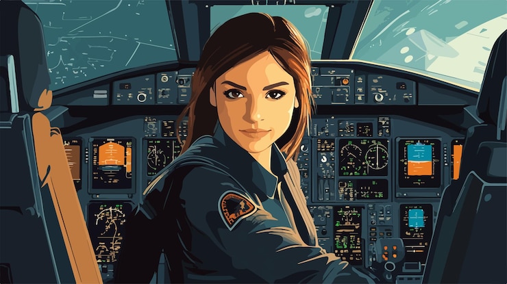 Vector confident female pilot in cockpit looking at camera