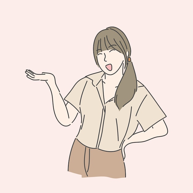 자신감이 소녀는 뭔가를 보여주기 위해 손을 올립니다.