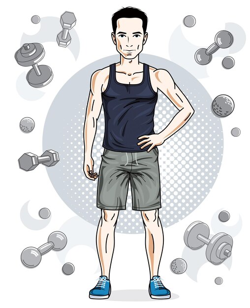 Вектор Уверенный красивый брюнет молодой человек стоит на простом фоне с гантели и штанги. векторная иллюстрация спортсмена, спортивный стиль.