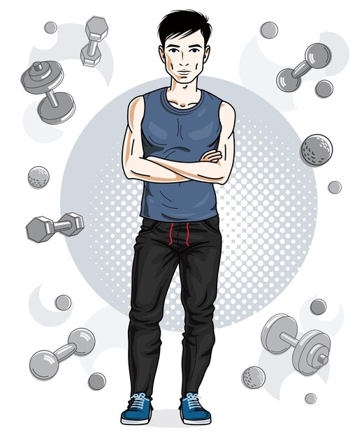 Confident handsome brunet young man is standing on simple background with dumbbells and barbells. Vector illustration of sportsman, sport style.