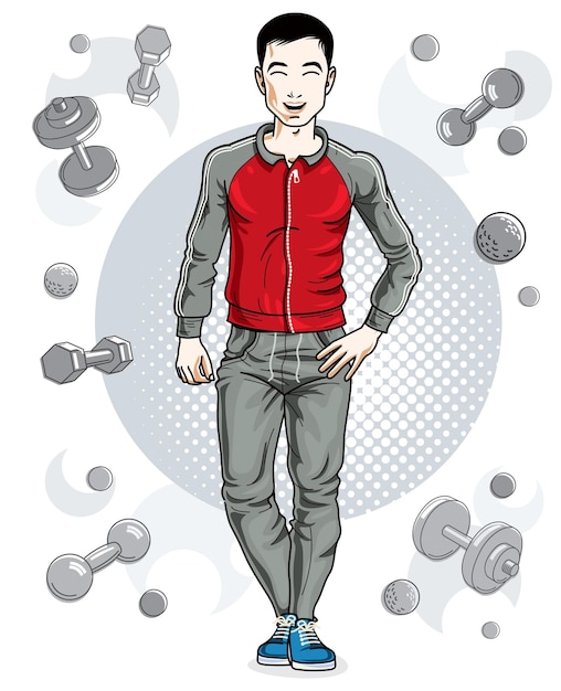 Confident handsome brunet young man is standing on simple background with dumbbells and barbells. Vector illustration of sportsman, sport style.