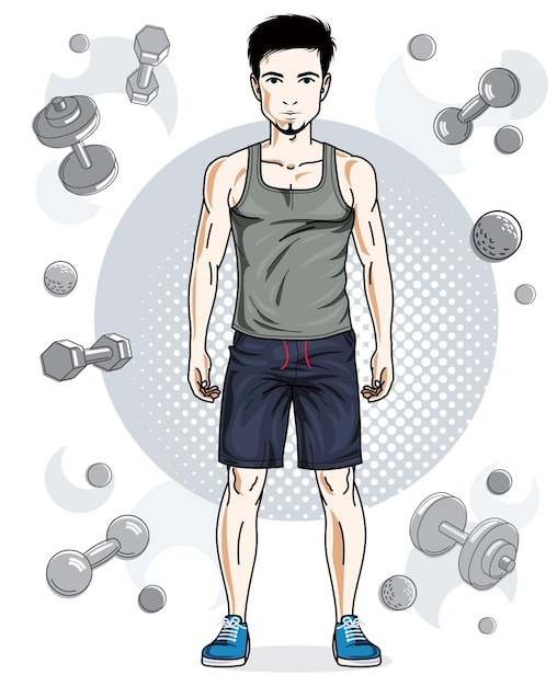 Confident handsome brunet young man with beard is standing on simple background with dumbbells and barbells. Vector illustration of sportsman, sport style.