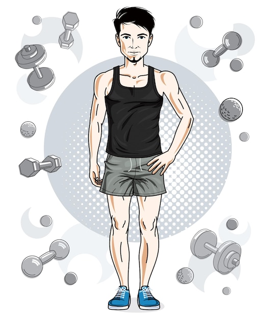 Confident handsome brunet young man with beard is standing on simple background with dumbbells and barbells. Vector illustration of sportsman, sport style.