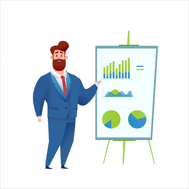 Confident handsome businessman in suit presenting annual report pointing out at graphs and diagrams at chart board.  professional man