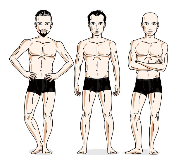 Vettore gruppo di uomini belli fiduciosi in piedi in biancheria intima nera. insieme di illustrazioni di persone di diversità di vettore. uomo atletico con un corpo perfetto.