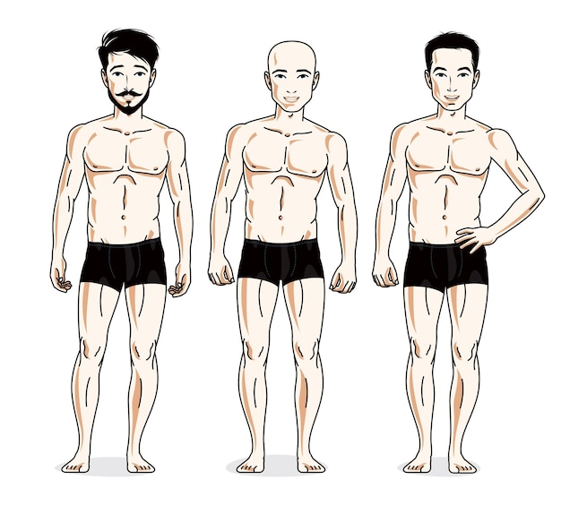 검은 속옷을 입고 서 있는 자신감 있는 잘생긴 남자 그룹. 벡터 다양성 사람들이 그림을 설정합니다. 완벽한 몸매를 가진 운동선수.