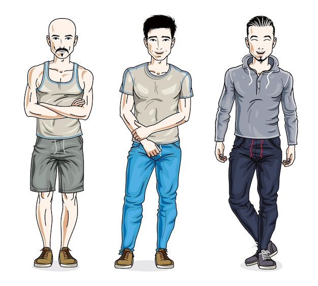 Confident handsome men group standing in stylish sportswear. Vector people illustrations set. Lifestyle theme male characters.