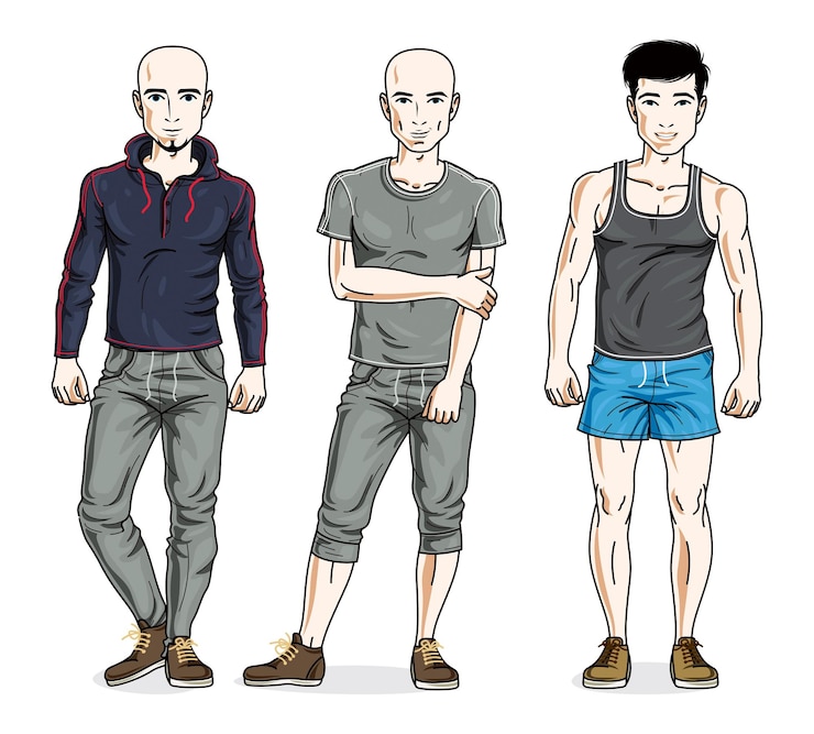 Vector confident handsome men posing in stylish sportswear, sportsman and fitness people. vector set of beautiful people illustrations. lifestyle theme male characters.