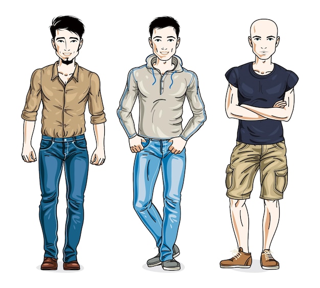 Vector confident handsome men posing wearing fashionable casual clothes. vector people illustrations set.