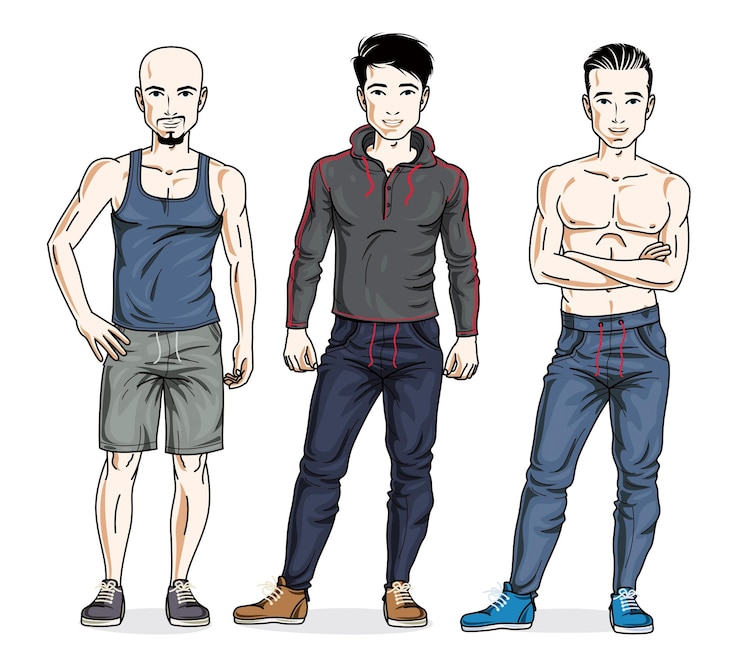 Vector confident handsome men standing in stylish sportswear, sportsman and fitness people. vector diverse people illustrations set. lifestyle theme male characters.