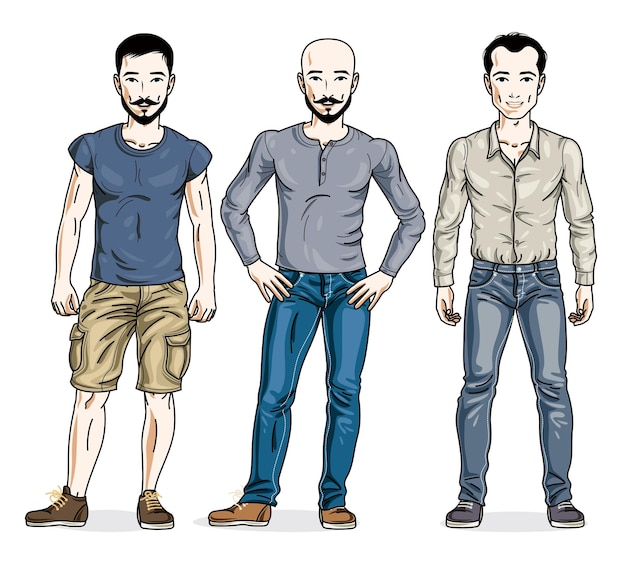 Vector confident handsome men standing wearing casual clothes. vector characters set.