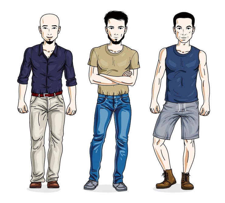 Vector confident handsome men standing wearing fashionable casual clothes. vector characters set. lifestyle theme male characters.
