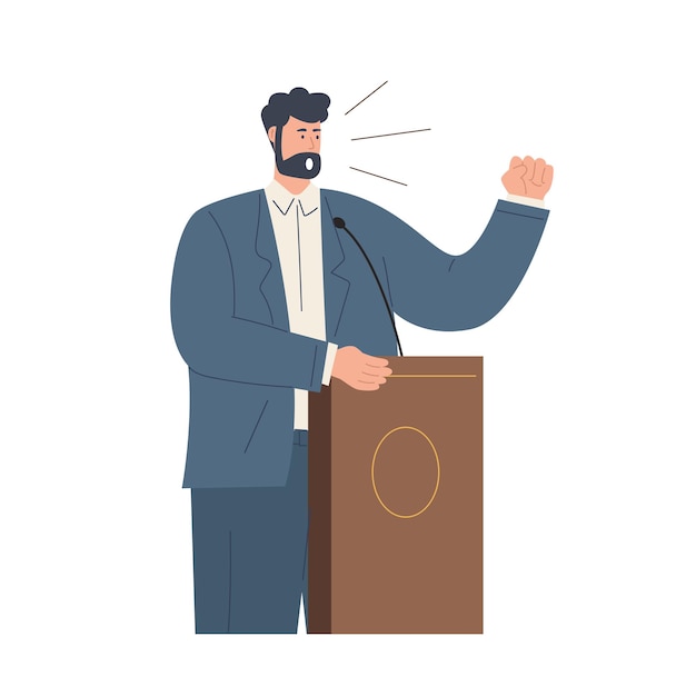 Confident man speaker speaking behind podium public speech concept