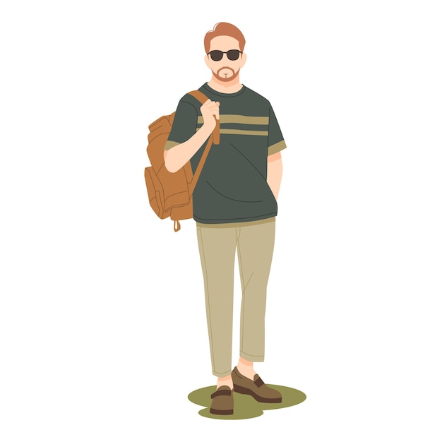 Vector confident man standing in casual outfits and bring bag illustration