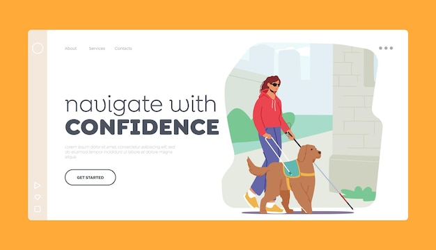 Vector confident navigation landing page template blind female character with a guide dog walks confidently down the street