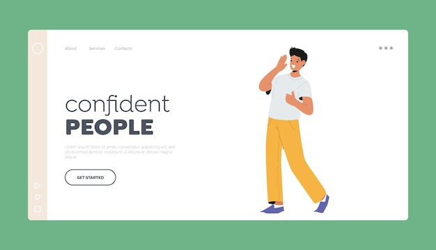 Confident People Landing Page Template Young Man in Casual Clothes Gesturing with Hands Greeting or Welcome Somebody