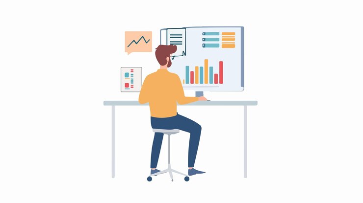 Vector confident public speaker with statistics presenting to manager