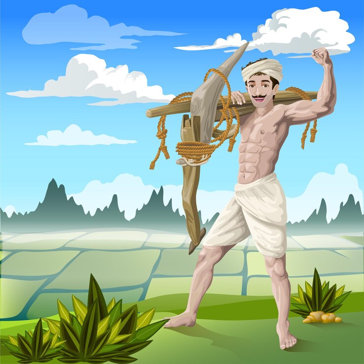 वेक्टर confident tamil farmer in front of paddy field