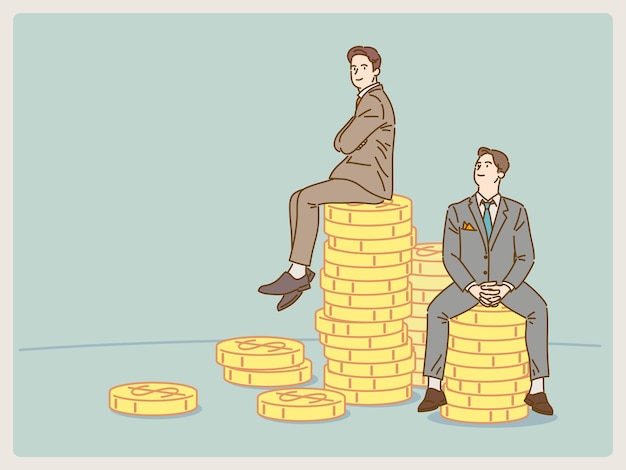 Confident two young businessman sitting on top of a money