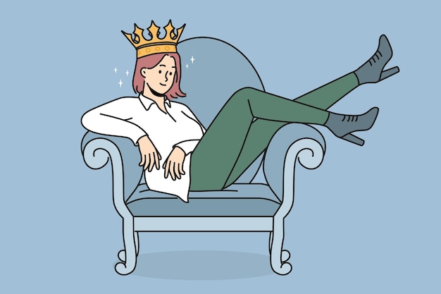 Confident woman in crown sitting on chair