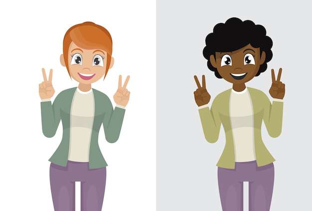 Vector confident woman making v sign fingers gesture