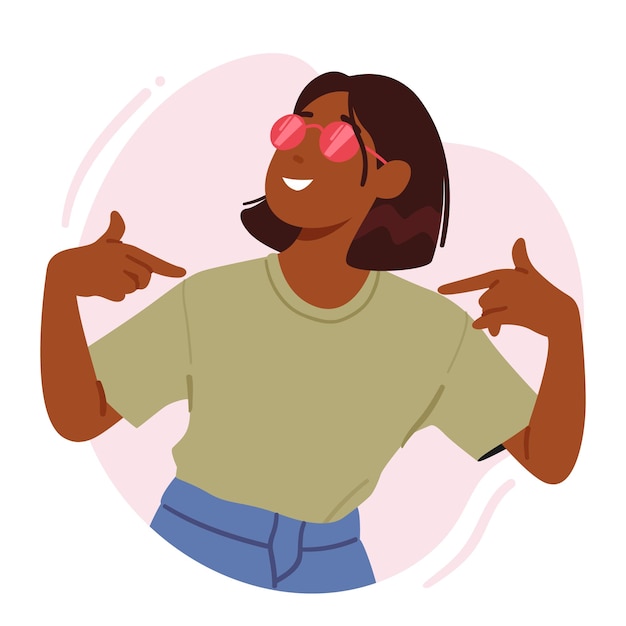 Vector confident woman pointing at herself with positive expression symbolizing selflove selfconfidence selfpromotion