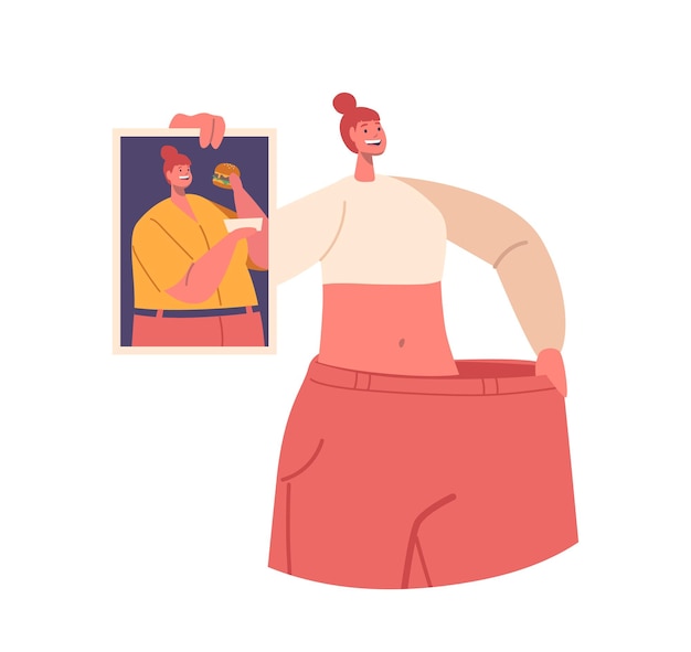 Confident Woman Proudly Wearing Oversized Pants Fit Female Character Displaying A Picture Of Her Former Self Before Her Remarkable Weight Loss Journey Cartoon People Vector Illustration