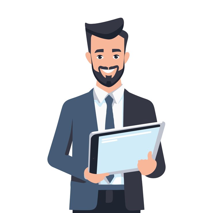 Vector confident young businessman holding the tablet in hands technology in business